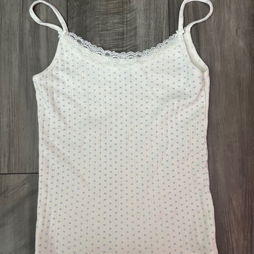 Brandy Melville White Cami with Light Blue Heart Print and Lace Trim
